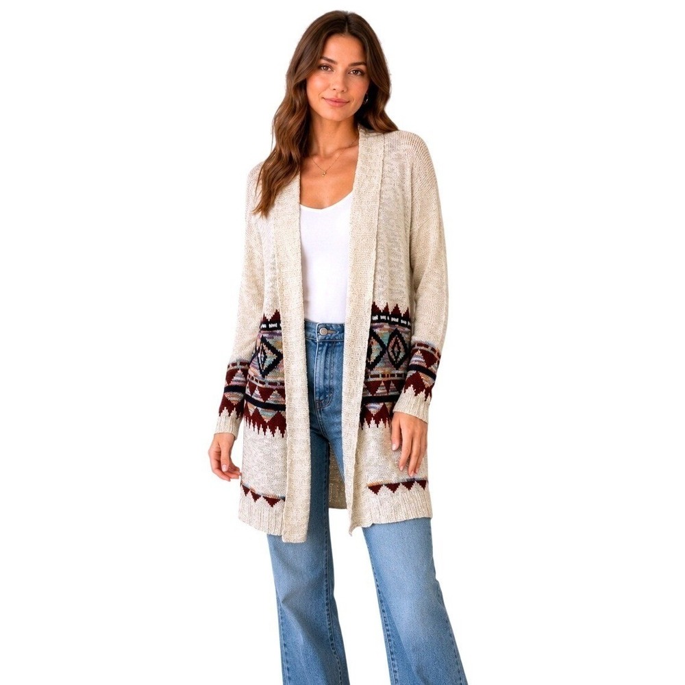 Boho Tribal Cardigan Large Southwest Longline‎ Lightweight Layering Western Cozy